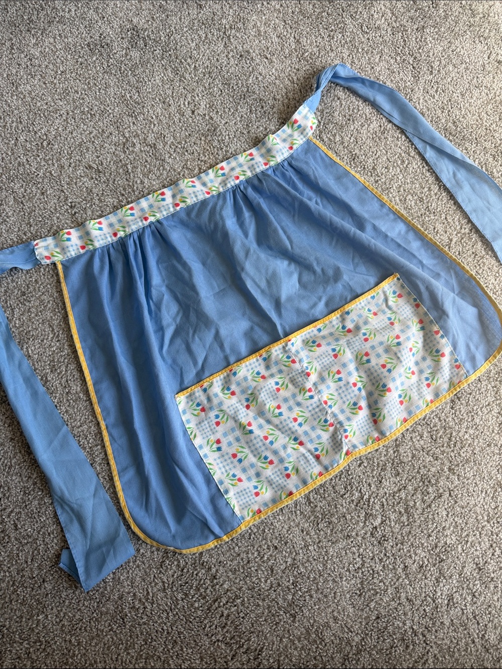 Vintage Handmade Blue Floral Half Apron with Pockets